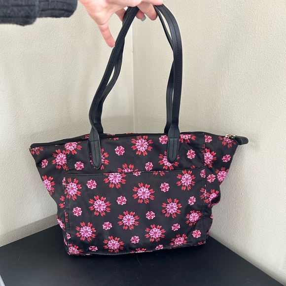 Michael Kors Kelsey Floral Printed Nylon Black Tote with Pink Design - Picture 3 of 14